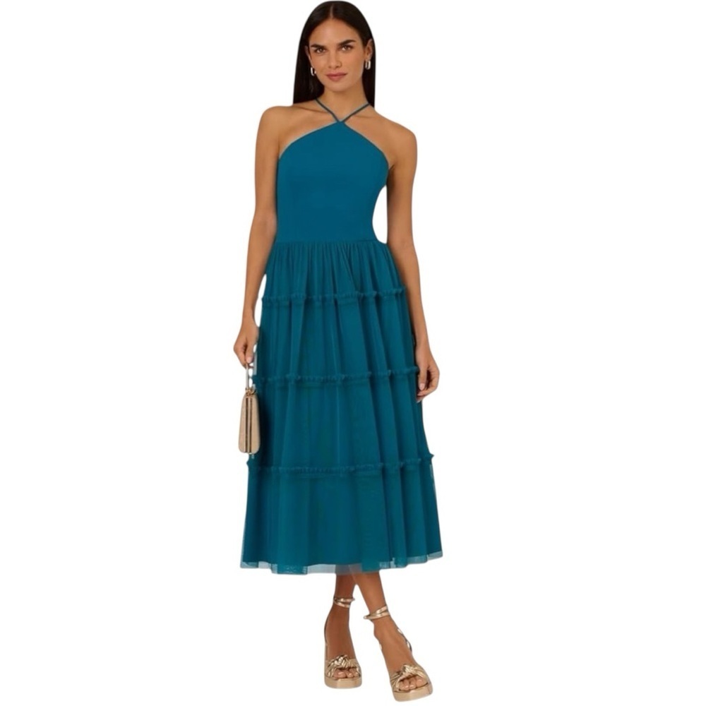 NWT ADRIANNA PAPELL Teal Sleeveless Halter Neck Tiered Mesh Ruffle Dress Size 10 - Picture 4 of 7